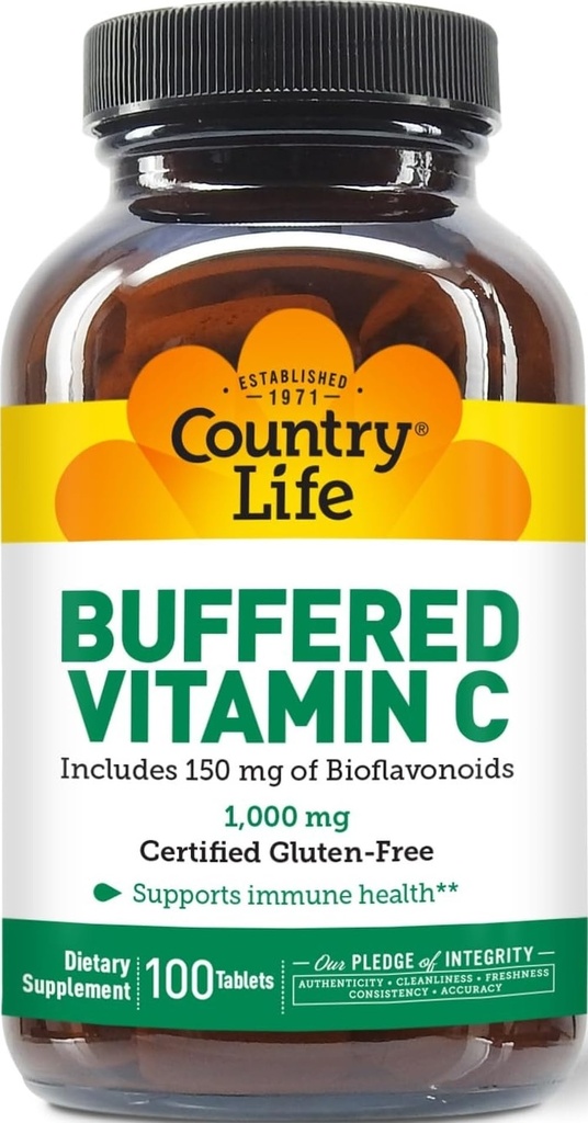 Country Life Buffered Vitamin C 1,000 mg with Bioflavonoids, 100 Tablets | Powerful antioxidant supports immune health; Certified Gluten-Free, Vegan and Kosher Parve