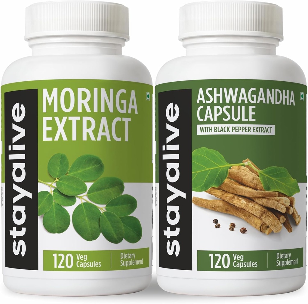 STAY ALIVE Moringa und Ashwagandha Bundle w/Black Pepper Extract, 240 Vegan Pillen, Non-GMO & Gluten Free Ashwagandha Moringa Supplement 2 Pack