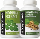 STAY ALIVE Moringa et Ashwagandha Bundle w/Black Pepper Extract, 240 pilules Vegan, sans OGM et sans gluten Ashwagandha Moringa Supplément 2 Pack