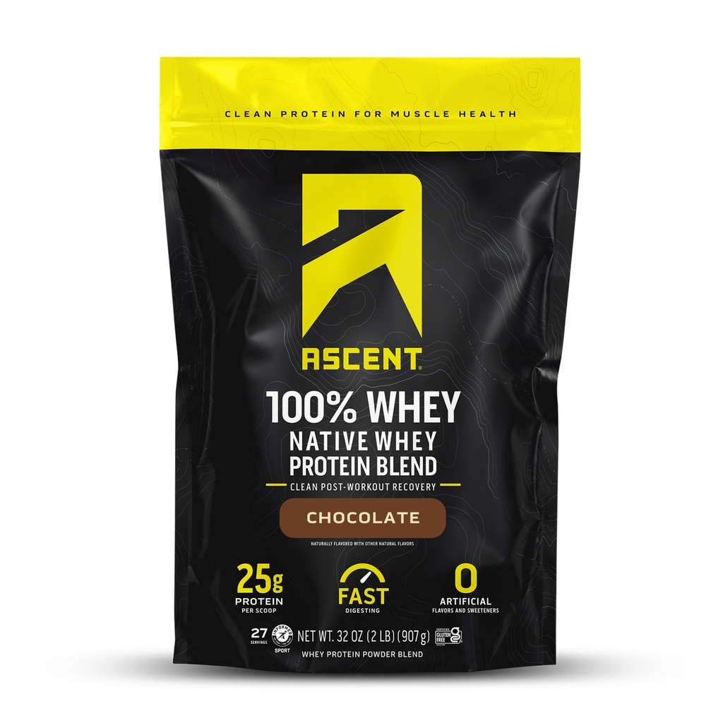 Ascent 100% Whey Protein Powder - Post Workout Whey Protein Isolate, Zero Artificial Flavors & Sweeteners, Glutenfrei, 5.5g BCAA, 2.6g Leucine, Essential Amino Acids, Chocolate 2 lb