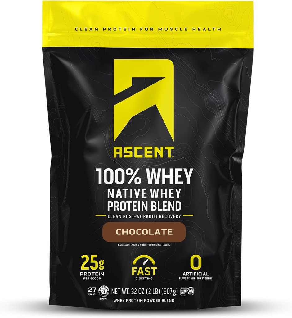 Ascent 100% Whey Protein Powder - Post Workout Whey Protein Isolate, Zero Artificial Flavors & Sweeteners, Glutenfrei, 5.5g BCAA, 2.6g Leucine, Essential Amino Acids, Chocolate 2 lb