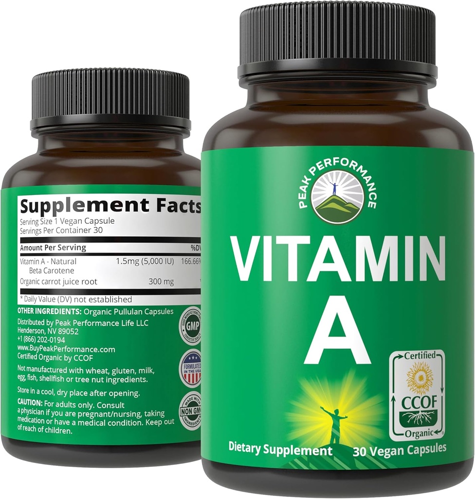 Capsules de supplément certifié Vitamine biologique A 5000 UI Vitamines haute puissance. pour adultes, hommes, femmes, enfants. Fabriqué avec du jus de carotte biologique. Idéal pour Immune, Peau, Eye Support. Non OGM, pilules véganes