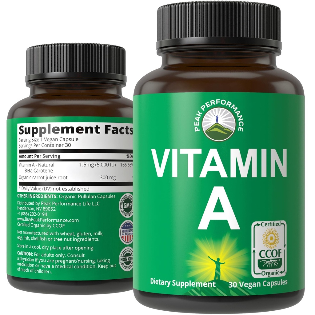 Certified Organic Vitamin A 5000 IU Supplement Kapseln Hohe Potenz Vitamine. für Erwachsene, Männer, Frauen, Kinder. Hergestellt mit Bio Karottensaft. Ideal für Immun, Haut, Augenunterstützung. Non GMO, Vegan Pillen