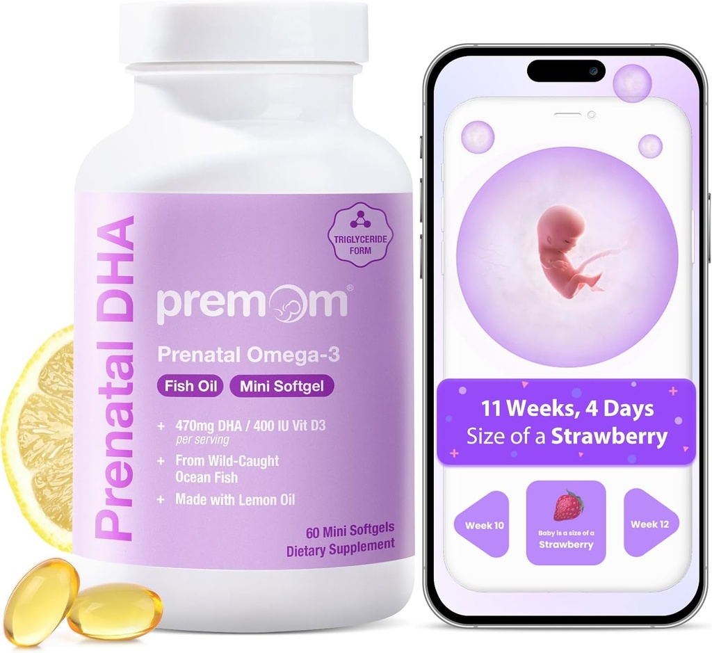 Premom Prenatal DHA Fischöl: Triglycerid Omega 3 mit 470mg DHA, 200mg EPA + 400 IU VIT D3 Supplement - Fruchtbarkeitsunterstützung für Frauen - Global aus Wild Caught Fish
