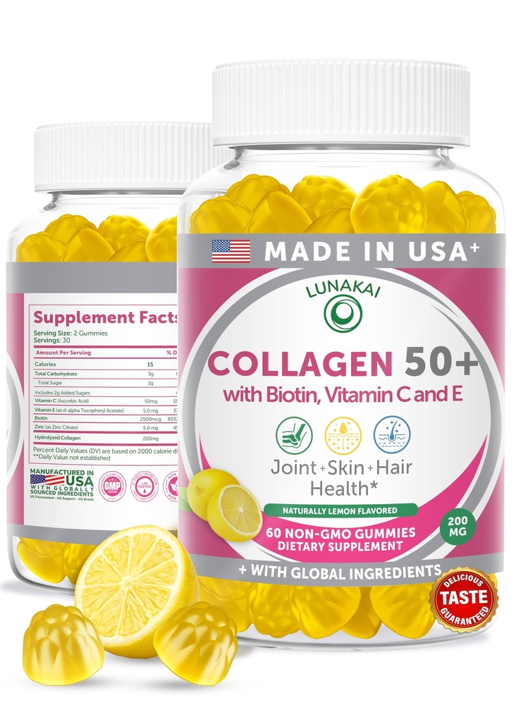 Lunakai USA Hergestellte Kollagengummis für Frauen & Männer über 50, Biotin & Vitamin C, unterstützt Hautelastizität, Haar- und Nagelfestigkeit, Gelenkunterstützung, 60ct