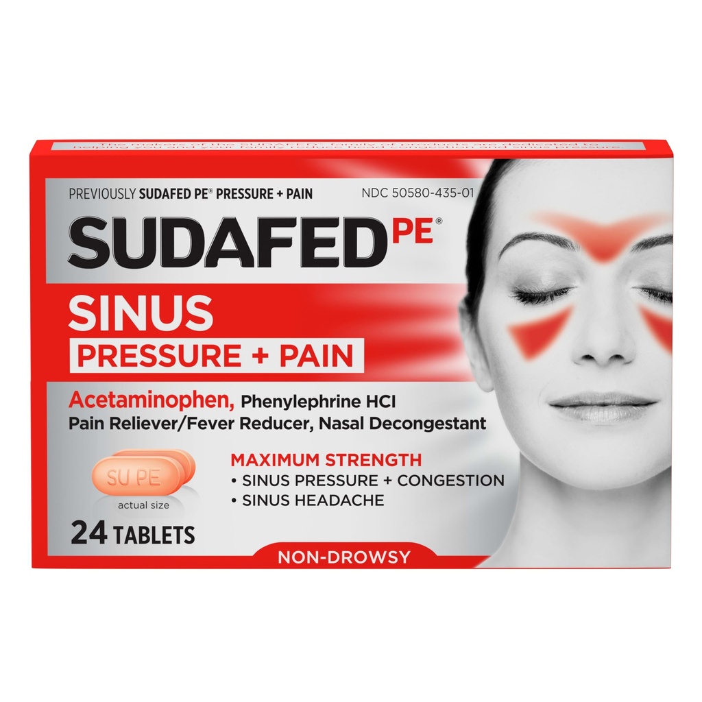 Sudafed PE-Sinus-Druck + Schmerz-Relief-Tabletten, Maximale Stärke, Nicht-Drowsy, OTC-Sinus-Relief-Medizin mit Acetaminophen Schmerz-Reliever & Phenylephrine HCl Nasal Decongestant, 24 ct