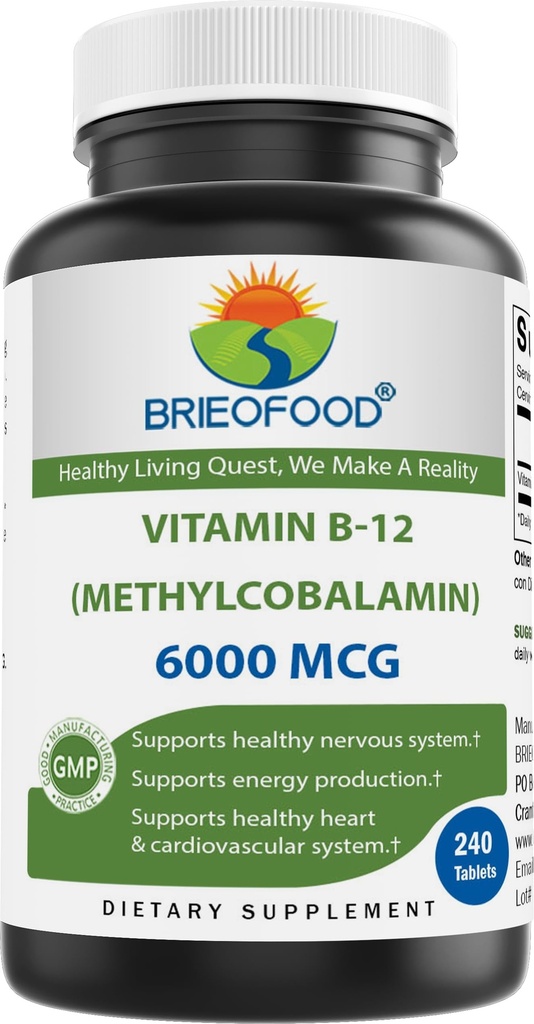Brieofood Vitamin B-12 (Methycoballamin) 6000 mcg- 240 Tabletten. Nicht-GVO und Glutenfrei