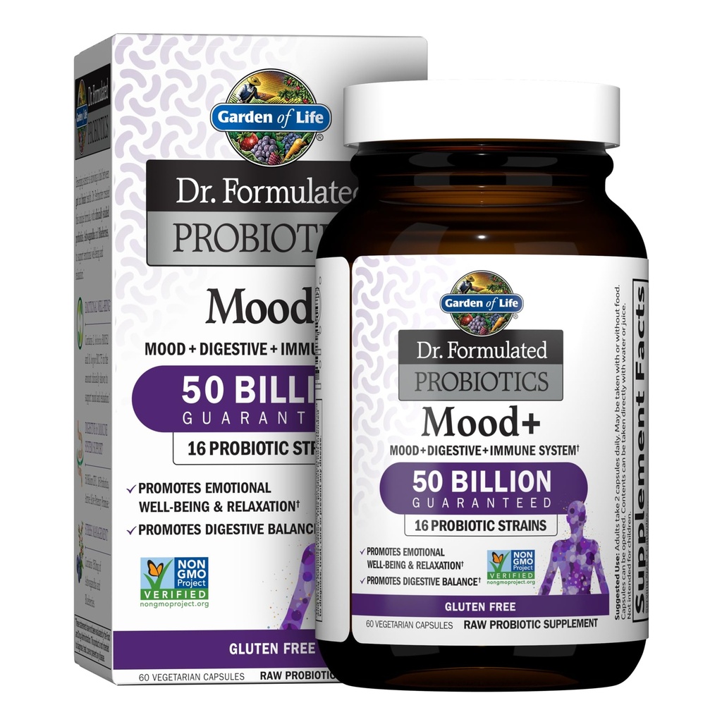 Jardin de la vie Dr. Formulé Probiotiques Mood+ - 50 Million CFU - Soutient la relaxation et la santé digestive - 60 Capsules végétariennes