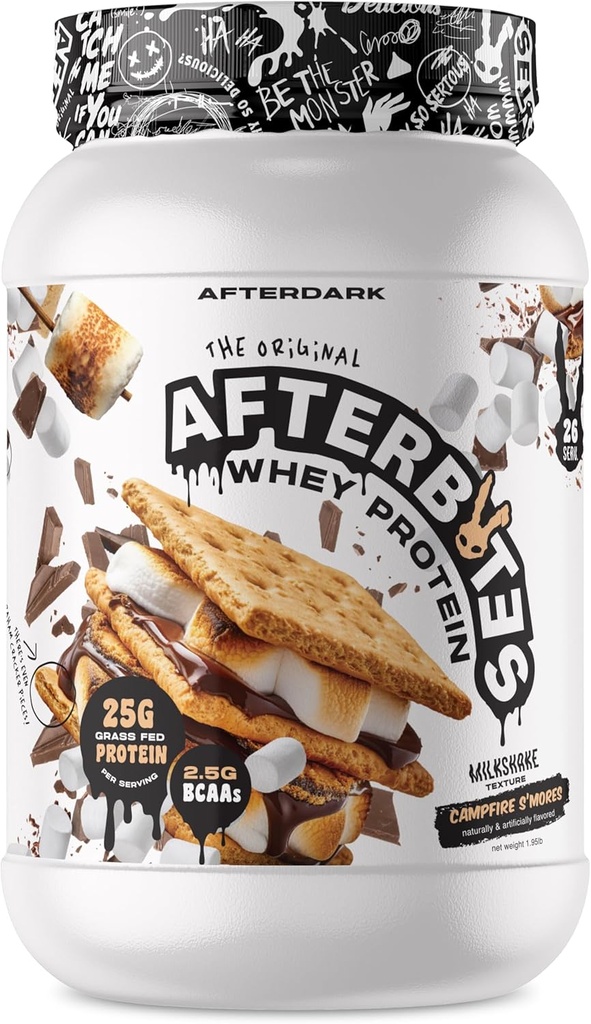 APRÈS L'APRÈS-BITE poudre de protéines de lactosérum, 25g de protéines, 4,5g de BCAA, dissolution facile, pas de couleurs artificielles ou de remplissage, protéines isolées, États-Unis fabriqués, 26 portions, Smores de feu de camp