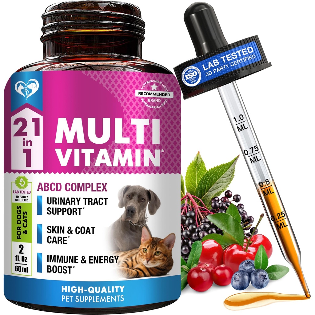 Cat & Dog Multivitamin Liquid mit Glucosamin & Cranberry | 15 in 1 Health Supplements für Urinary Tract Kidney, Bladder, Hip & Joint, Skin & Coat | Natural UTI Medicine Made in USA (60 ml)