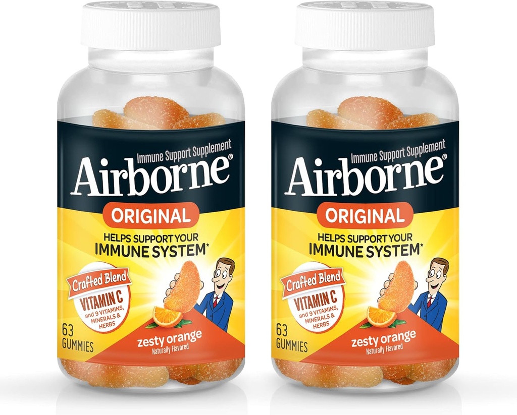 Airborne 750mg Vitamin C Immune Support Supplement Gummies for Adults, Zesty Orange Flavor, Gluten Free Crafted Blend with Powerful Antioxidants Vitamins A C & E, 63 Gummies (2 Pack)