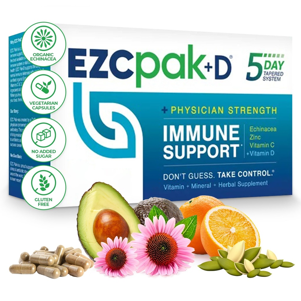 EZC Pak 5-Tage Immunsystem Booster mit Echinacea, Vitamin C, Zink & Vitamin D - Tapered Immun Support Supplement für Erwachsene - Unterstützt Immunität, Einfache Travel-Size Supplement Pack