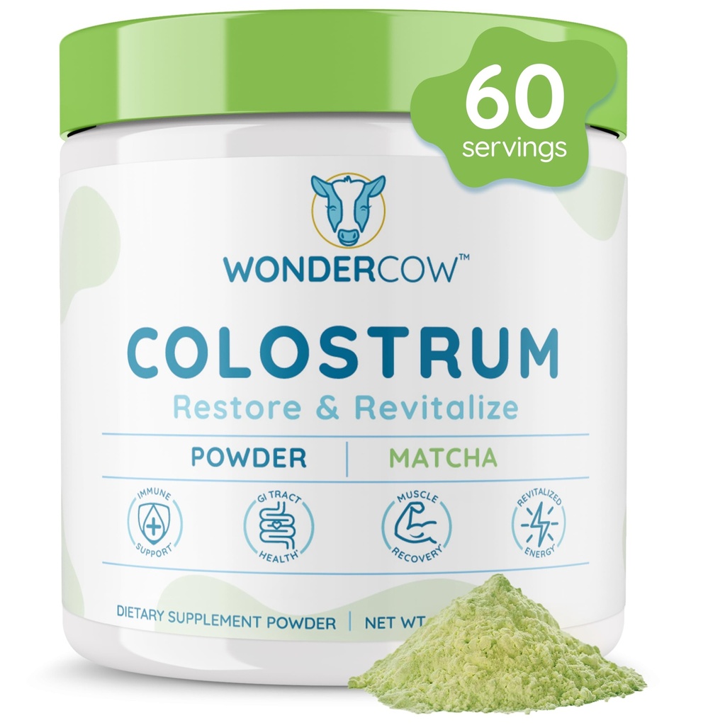WONDERCOW Colostrum Supplement Pulver für Gut Gesundheit, Immununterstützung, Muskel Erholung & Wellness | Natürliche IgG reine ganze Bovine Colostrum Superfood, Matcha, 60 Servietten