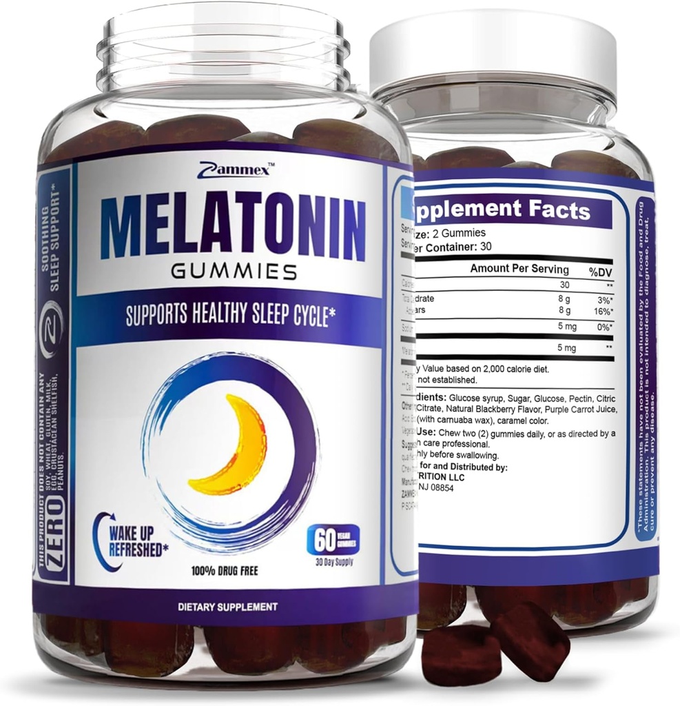 Zammex Melatonin Gummies 5mg | 60 Count | Sleep Supplement für Erwachsene | Drug Free Sleep Aid Gummy | Natural Berry Flavor | Vegan, Non-GMO, Glutenfrei