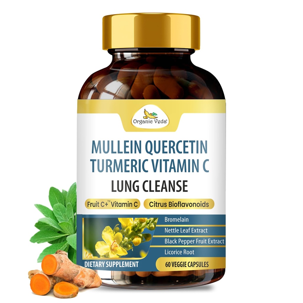 Organic Veda Mullein Turmeric Quercetin Lung Cleanse Capsules - puissants bioflavonoïdes, Superfruits Vitamine C, Bromelain, Mullein Leaf Extract - Supplément Bronchial et clair de poumons - 60 pilules végétaliennes