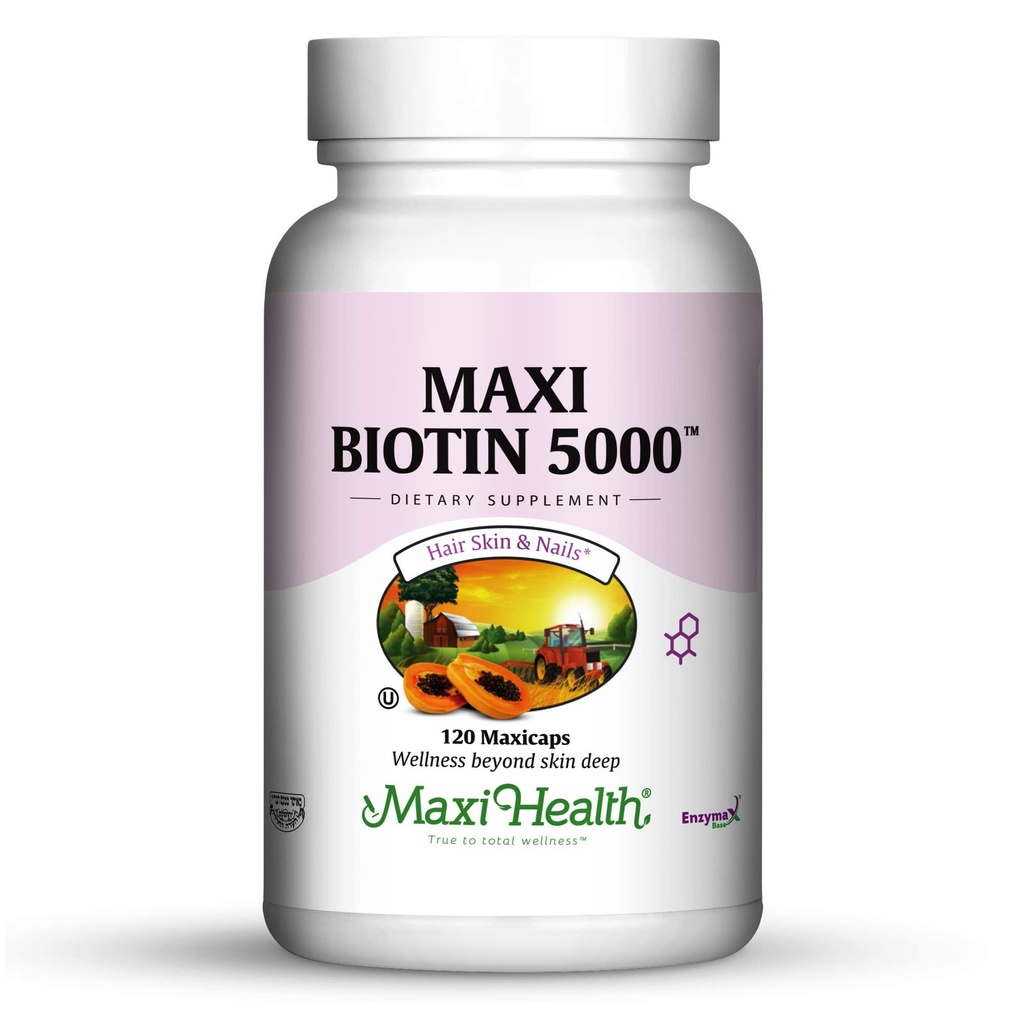 Maxi Health Biotin 5000 mcg – Vitamines de la peau et des ongles pour les femmes et les hommes – supplément de vitamine B7 de haute puissance pour la croissance des cheveux, ongles forts et peau saine – Kosher, médecin – 120 capsules