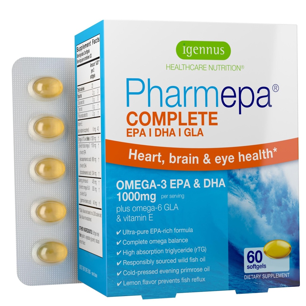 Igennus Pharmepa Complete EPA 668mg & DHA 334mg Omega-3 Fettsäuren 1000mg, IFOS zertifiziert, rTG Form, High Potency Fish Oil Plus Omega-6 & 9 von GLA Evening Primrose Oil, Lemon Flavor, 60 Softgels