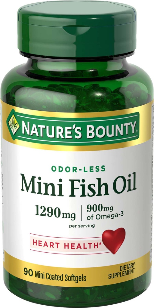 Nature's Bounty Mini Fish Oil Softgels, Burpless Fish Oil Omega 3 Supplements, Unterstützt Herzgesundheit, 90 Softgels (Pack von 1)
