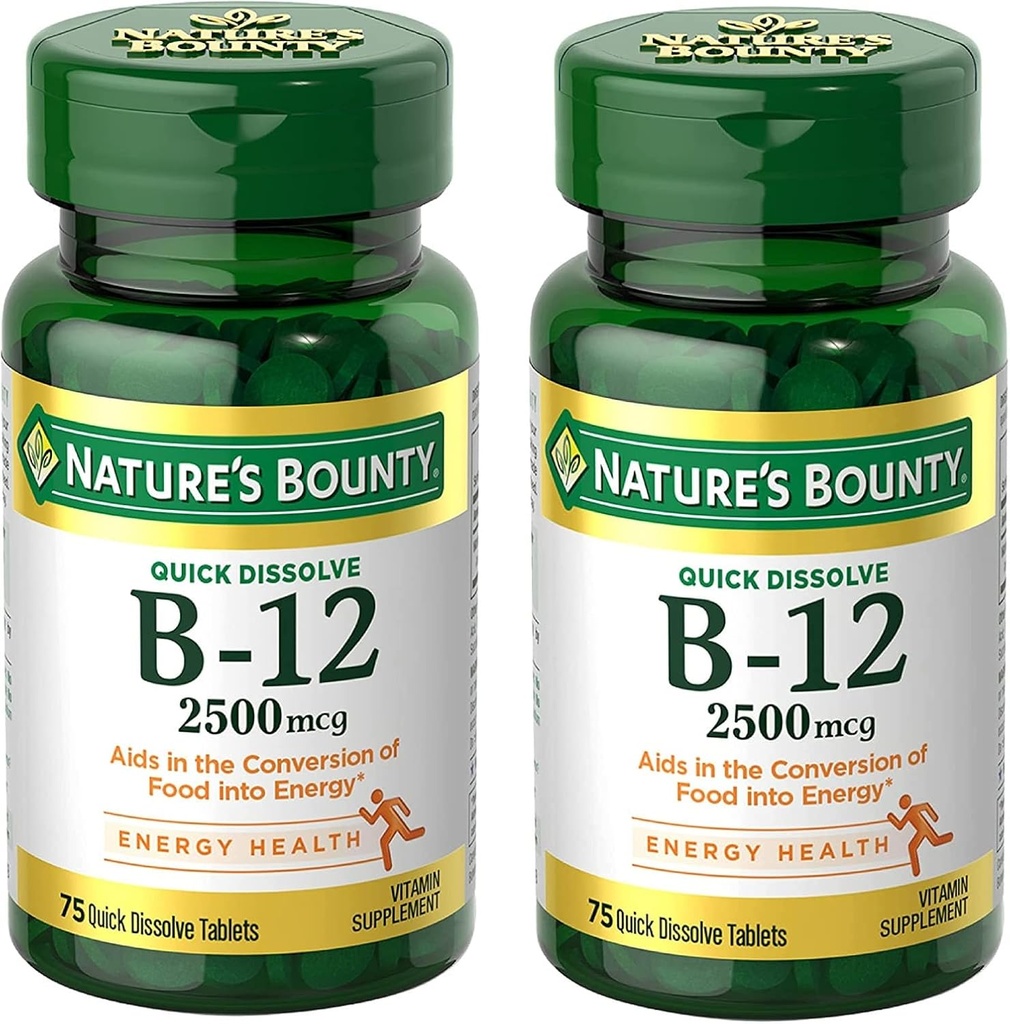 Nature's Bounty Vitamine B12 2500 mcg, Soutien à l'énergie cellulaire, pour le métabolisme de l'énergie, la santé du coeur et du système nerveux, 75 comprimés à dissolution rapide (paquet de 2)