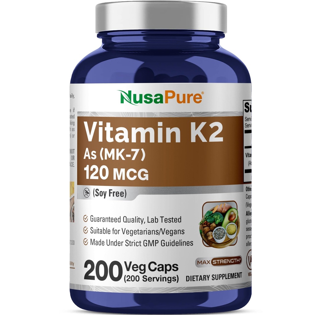 NusaPure Vitamin K2 MK7 120 mcg 200 Veggie Caps (Sojafrei, Non-GMO, Vegan)