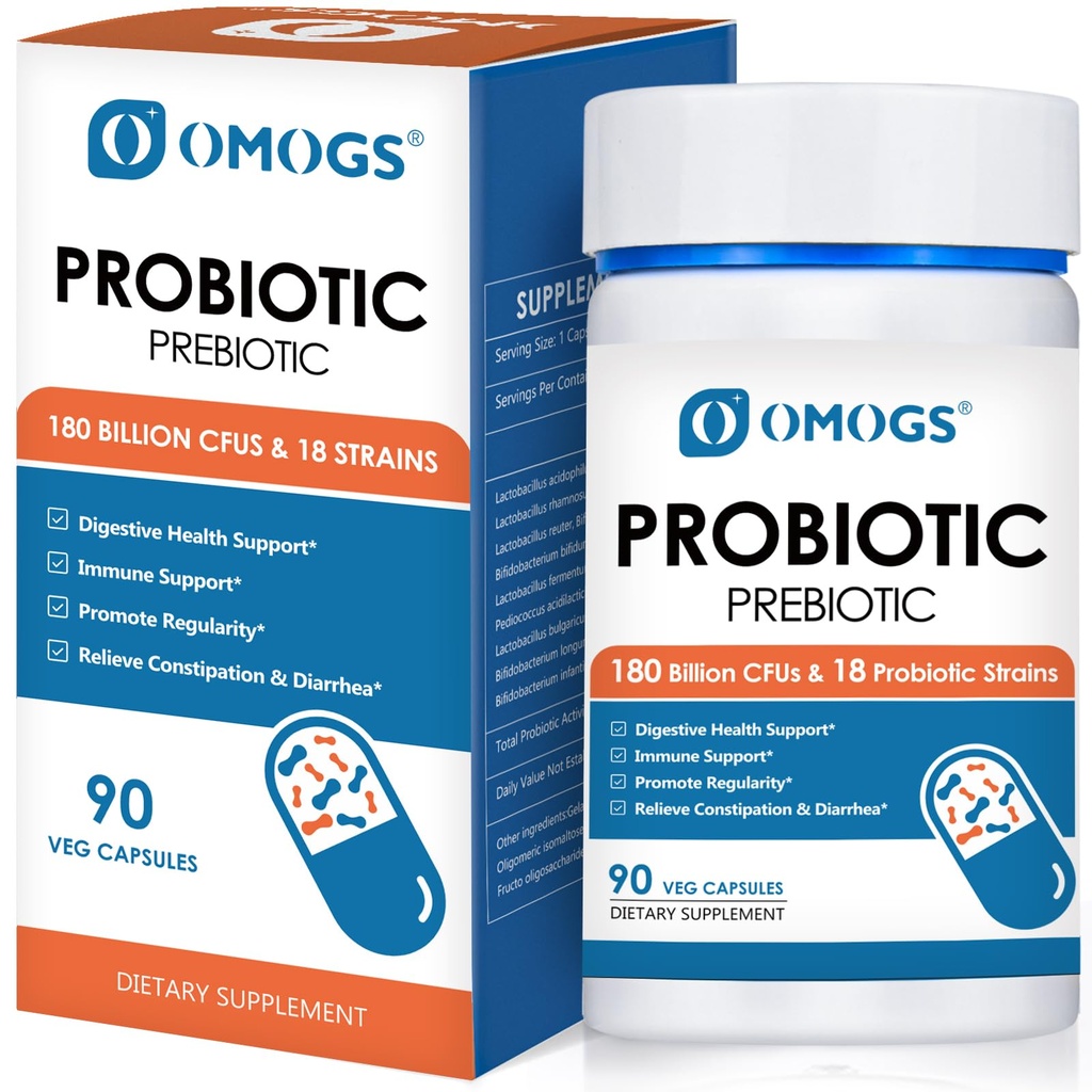 OMOGS Probiotics 120 Billion CFUs 18 Strains, 3 Präbiotika & Verdauungsenzyme, Hilft Verdauung, Gut Gesundheit, Immune, Unterstützt Okzialvergiftung, Durchfall & Gas - für Frauen & Männer, 60 Kapseln