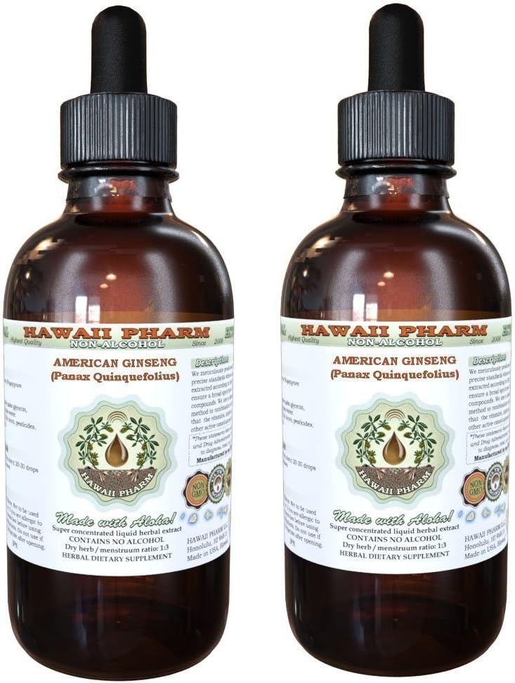 American Ginseng Extrait liquide sans alcool, Ginseng (Panax Quinquefolius) Glycérite séchée à la racine Hawaii Pharm supplément naturel à base de plantes 2x4 oz