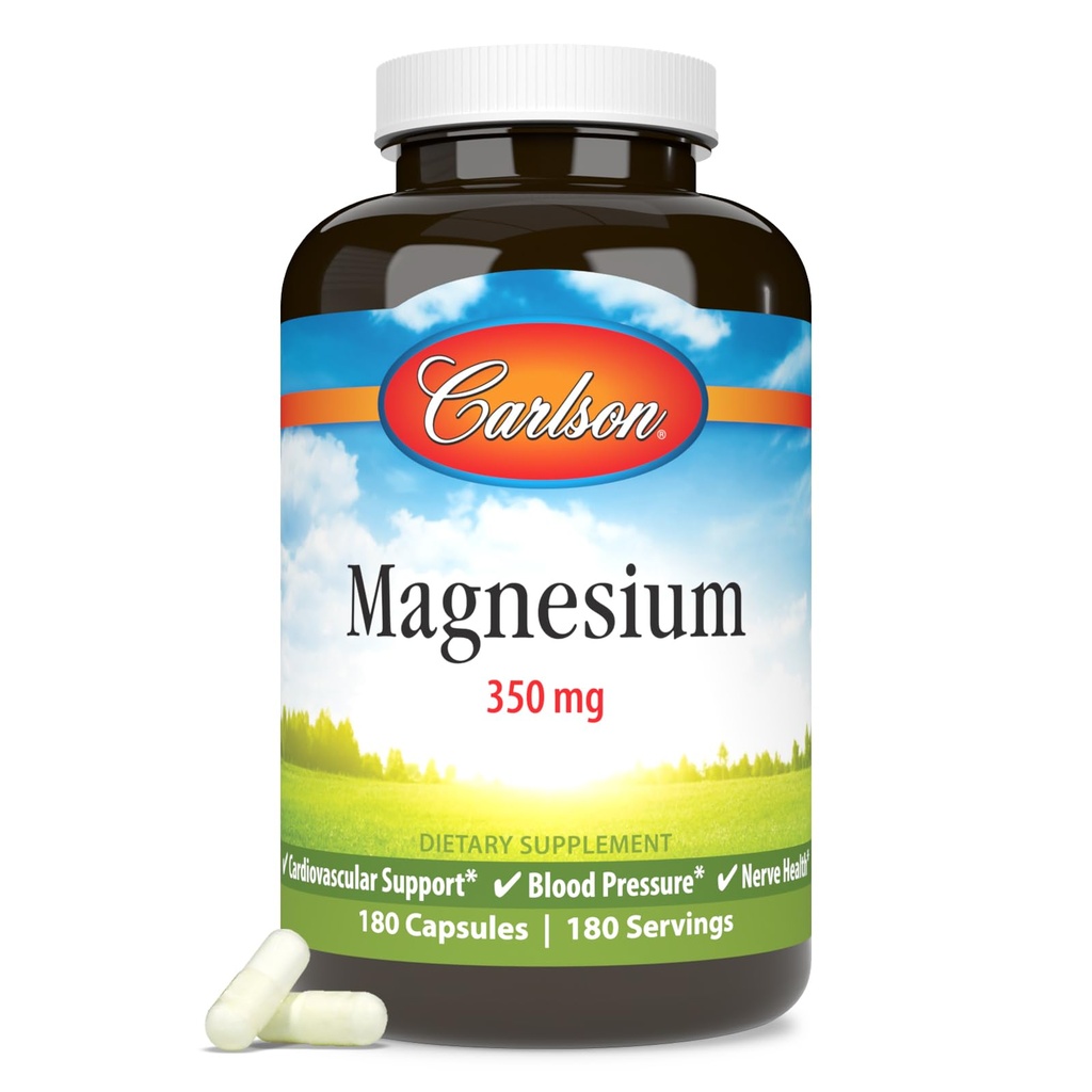 Carlson - Magnésium, 350 mg, Soutien cardiovasculaire, Fonction musculaire et Santé nerveuse, 180 gélules