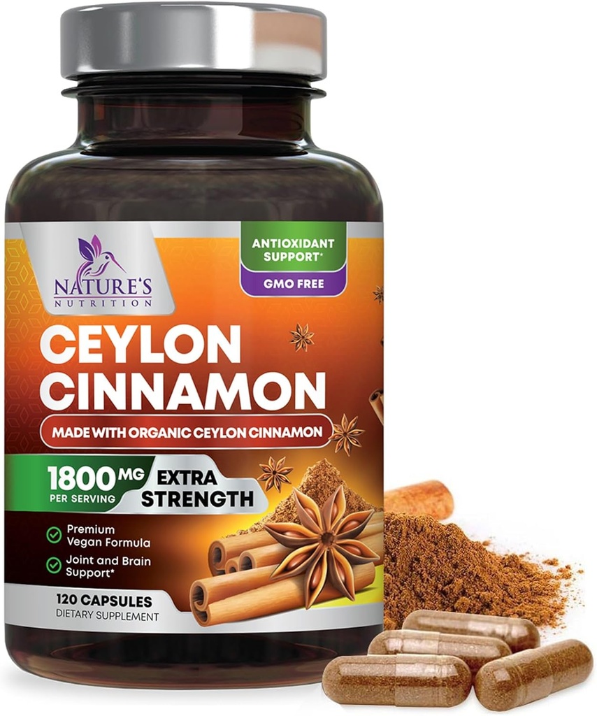 Organic Ceylon Cinnamon Supplement 1800mg - Certified Organic Ceylon Cinnamon Powder Pills - Energy & Heart Support for Women & Men, Bottled in USA, Antioxidant, Gluten Free, Non-GMO - 120 Capsules