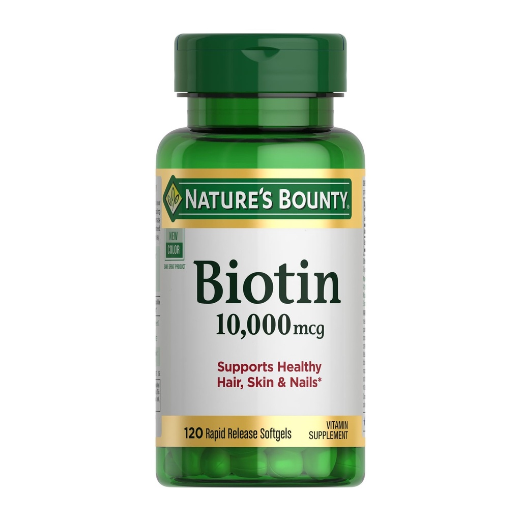 Nature's Bounty Biotin Peau et ongles Vitamines, soutient cheveux, peau et ongles sains, 10 000 mcg, 120 Softgels (paquet de 1)