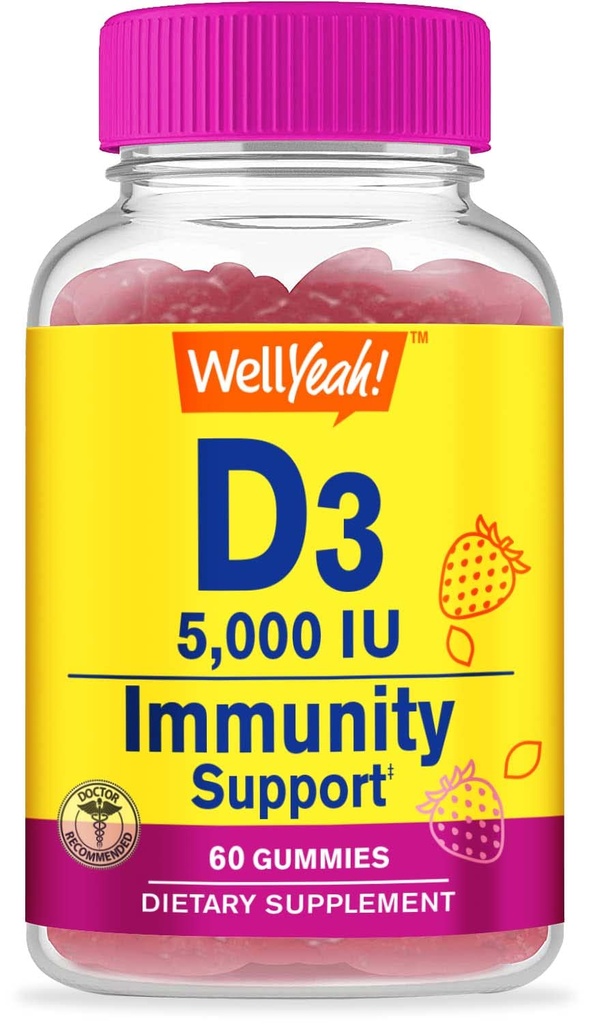 Eh bien oui Vitamine D3 5000 UI (125 mcg) Gommies extra-strength -pour la santé des os, le booster immunitaire, le os et les dents Support -Non OGM, sans gluten, sans noix, végétarien - Arôme des mûres -60 Gommies