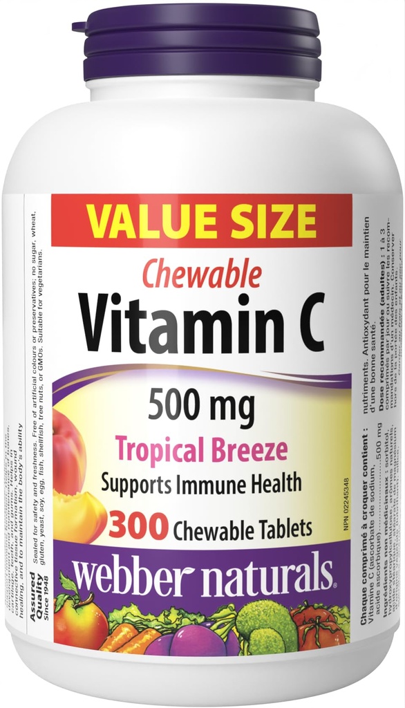 Webber Naturals Vitamin C, 300 Chewable Tropical Breeze Flavor Tabletten, 500 mg Vitamin C Pro Tablette, Knochen, Zähne, Immun- und Antioxidans-Unterstützung, Non GMO, Dairy & Gluten kostenlos