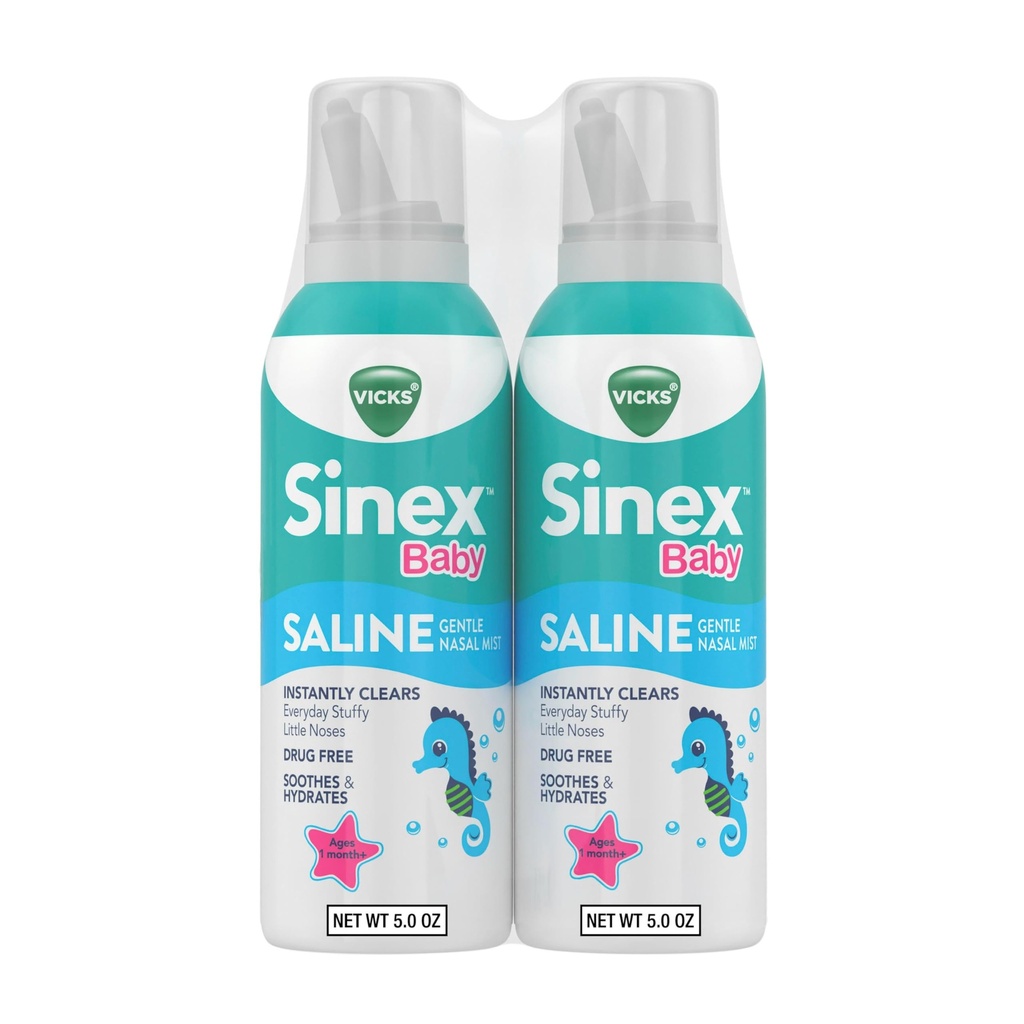 VICKS Sinex Baby Saline Nasenspray, Drug Free Gentle Nasal Mist, Instant Clears Everyday Stuffy Little Noses, Soothes & Hydrates, Safe For Daily Use, Gentle For All Ages, 5 OZ x 2