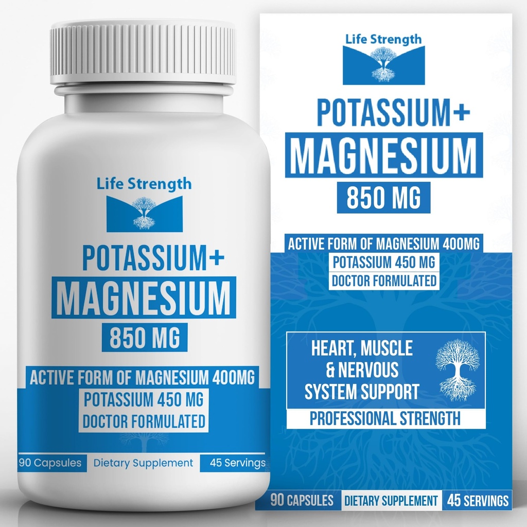 Supplément Complexe Magnésium Potassium Life Strength - 90 Capsules - Soutien Magnésium Haute Absorption Santé vasculaire & Crampe des jambes