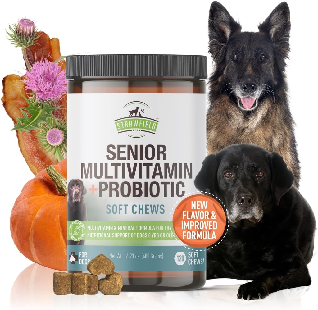 Strawfield Haustiere Senior Multivitamin + Probiotika für Hunde mit Milchdistle Joint Support Supplement für Hunde Bacon Flavor 120 Soft Chews