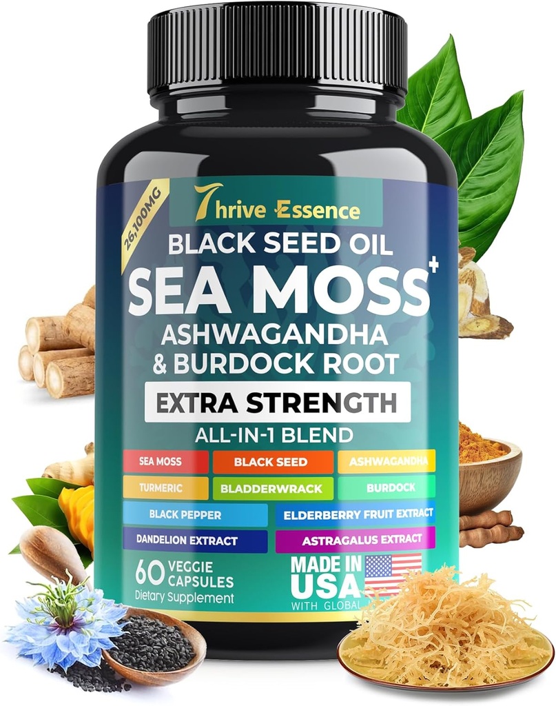 Extrait de mousse de mer, huile de graines noires, ashwagandha, curcuma et plus – 10-en-1 supplément à base de plantes avec poivre noir et fraise – 60 capsules