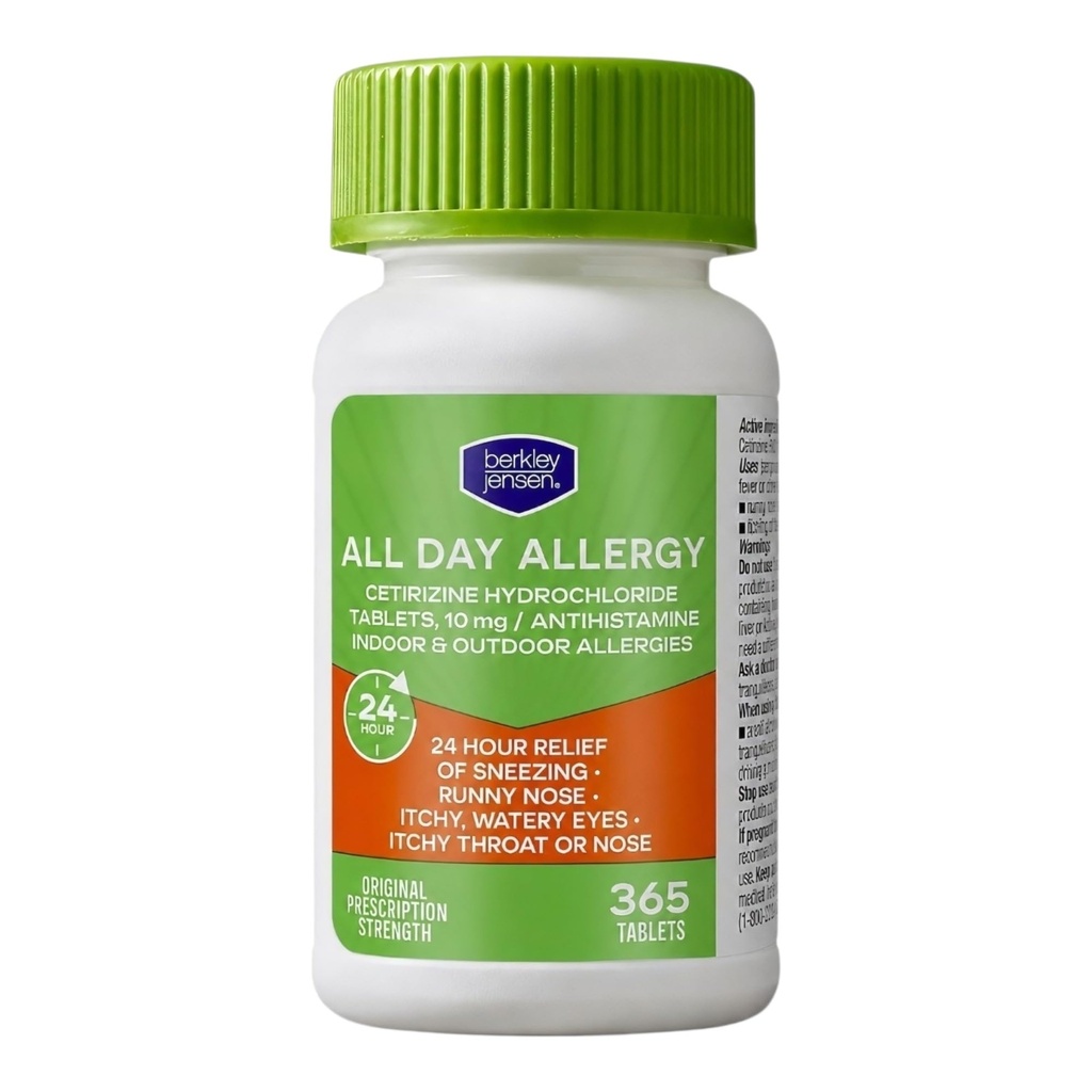 Berkley jensen 24 heures de soulagement de l'allergie (365-Count), 10 mg Cétirizine Hydrochloride Antihistamine - Allergie rapide pour allergies intérieures et extérieures, Comprimés Easy-Swallow, Comparer avec Zyrtec