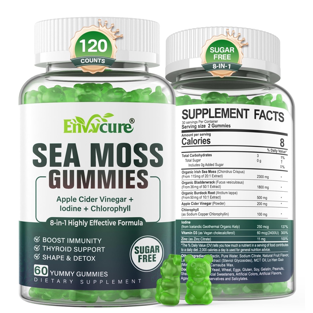 Sea Moss Gummis Sugar-Free, Extra Strength Irish Moss Gel Supplement mit Jod, Chlorophyll, Unfiltrierte ACV, D3, Burdock Root, Bladderwrack für Immun, Digestive, Haut, Haar, Detù️x, Vegan, 2Pack