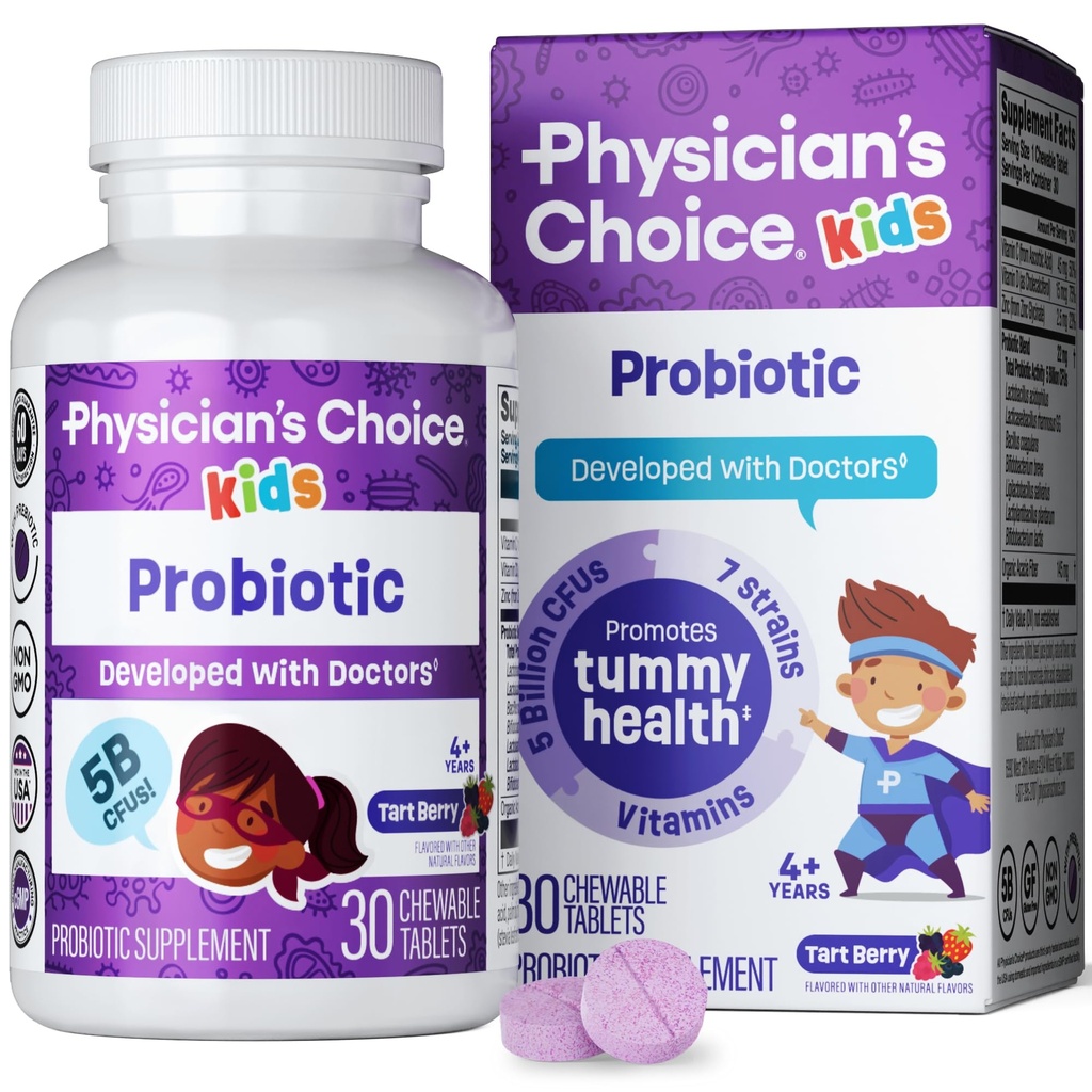Physician's CHOICE Probiotics for Kids - 7 Diverse Strains, Organic Prebiotics, Vitamins & Minerals - Klinisch untersucht L. Rhamnosus GG - Immun- & Verdauungsunterstützung - Keine Zucker oder künstliche Farbstoffe