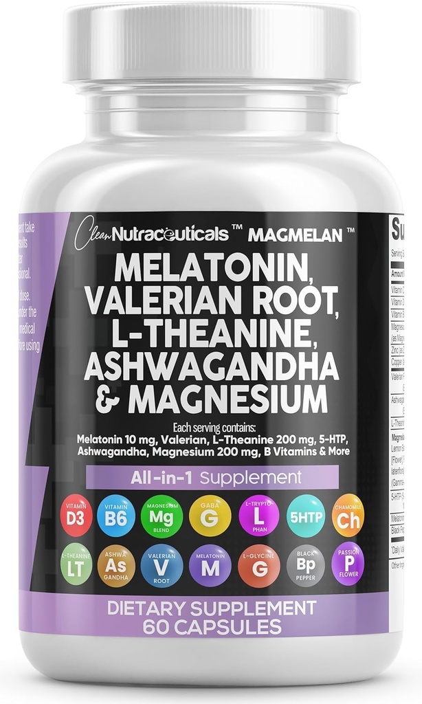 Saubere Nutraceuticals Melatonin 10mg Valerian Root L Theanine 200mg Ashwagandha - Schlafunterstützung für Frauen und Männer mit Magnesium Complex, Zitronenbalm, Kamille, & Passion Flower - 60 Caps