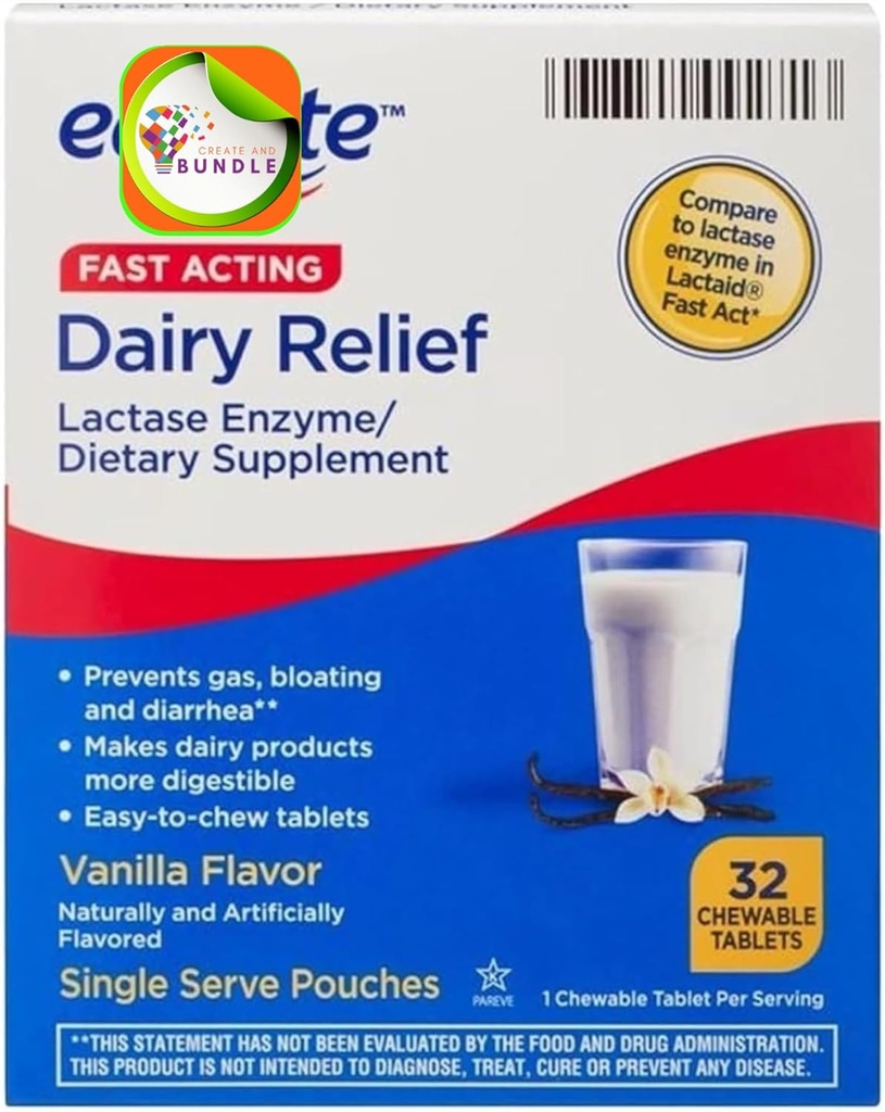 Supplément alimentaire enzymatique de la lactase à effet rapide d'équateur Comprimés à croquer Vanilla Arôme 32 Compte (paquet de 1) + Sticker CreativeAndBundle