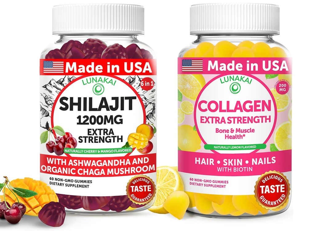 Lunakai USA Made Shilajit & Collagen Extra Strength Gummies Bundle – Energy, Hair, Skin, and Nail Support – Delicious & Non-GMO