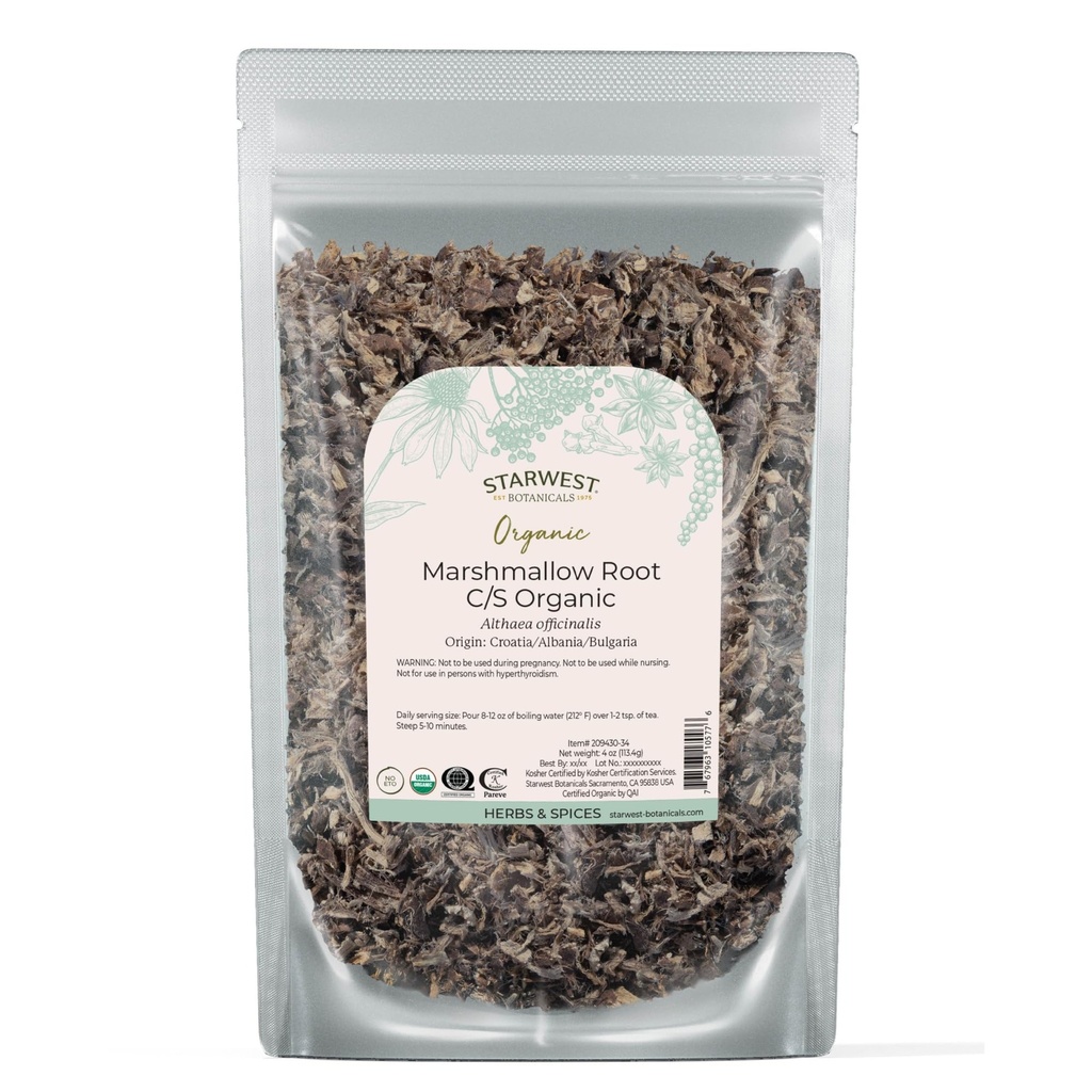 Starwest Botanicals Organic Marshmallow Root - Getrocknete Kräuter für Tee, Lösen Blatt Wurzel Kräuter, Schnitt & Gefertigt, zertifiziert Kosher, Non-GMO - 4 oz Pouch