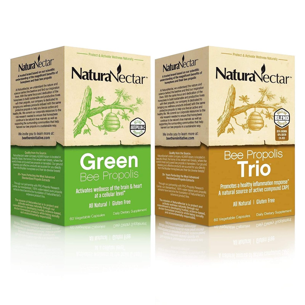 Groupe de Propolis d'abeilles naturelles NaturaNectar - Trio et Propolis verte - pour Immune, Mémoire et Focus Support* - 60 Capsules par bouteille