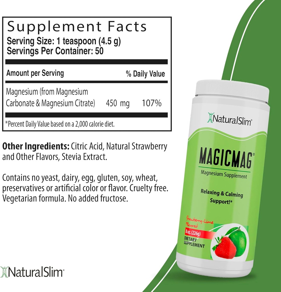 NaturalSlim Magicmag reines Magnesium-Zitrat-Pulver – Stress, Verstopfung, Muskeln und Herzunterstützung | Natürliche Erdbeere & Lime geflammte Magnesium-Ergänzung - 8oz Getränke-Mix (3 Pack)