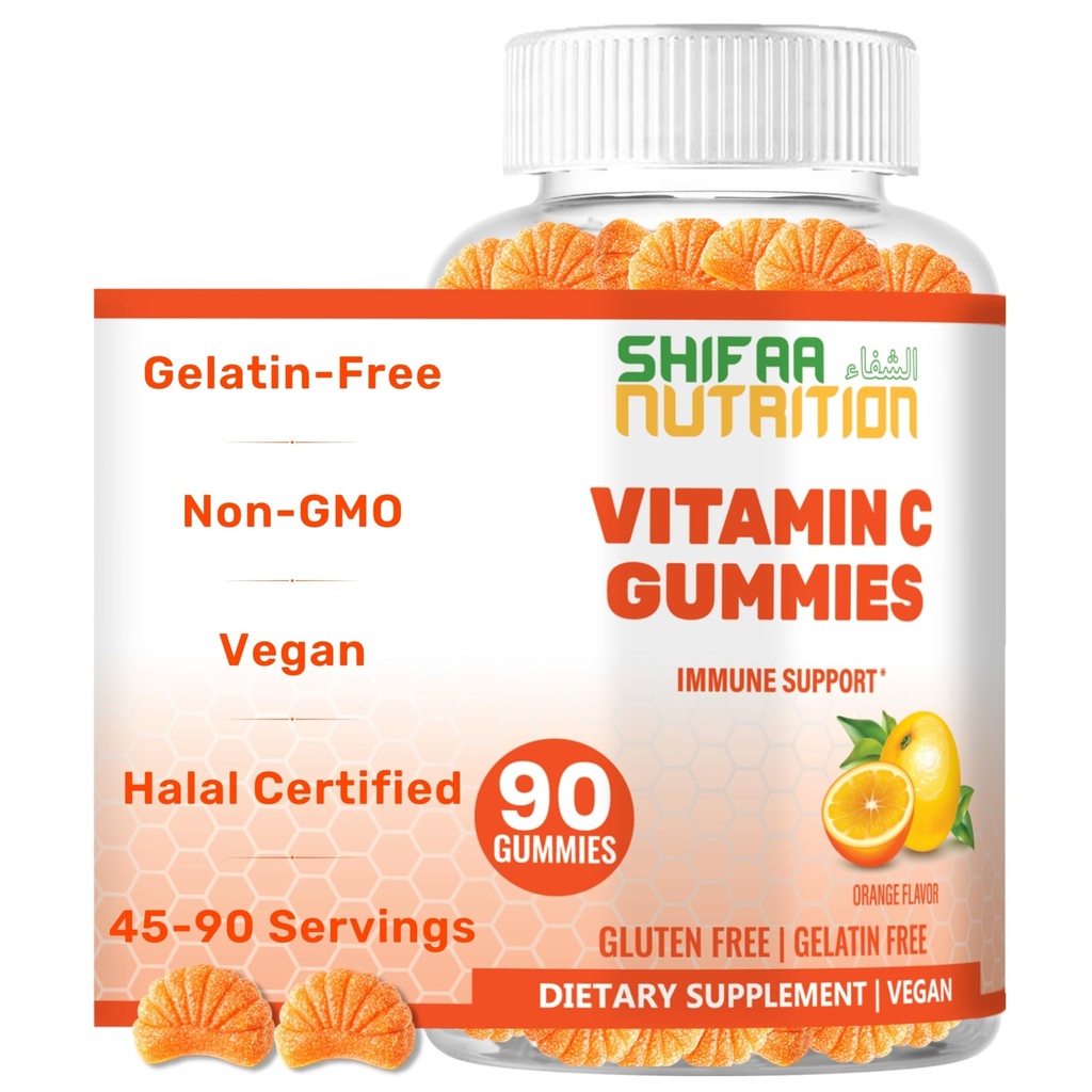 SHIFAA NUTRITION Vegan Vitamin C Gummie | 90 Gummie, 250mg 45 Servierungen | Non-GMO | Gluten-Free, Gelatin-Free | Immununterstützung Gummie & Saisonale Unterstützung für Kinder & Erwachsene Halal Vitamine
