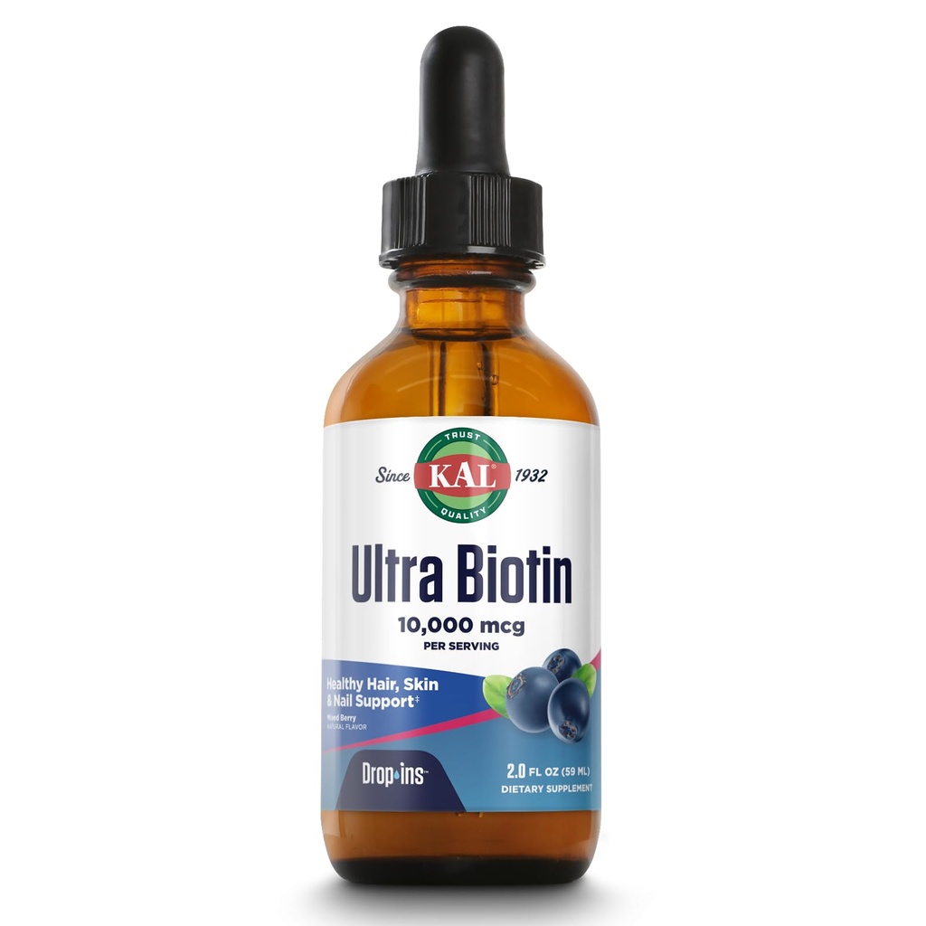 KAL Ultra Biotine 10000mcg DropIns, gouttes de biotine liquide, supplément de croissance des cheveux, vitamine B7 de haute puissance, cheveux sains, peau, ongles et soutien énergétique, saveur naturelle de baies mixtes, environ 59 Serv., 2oz