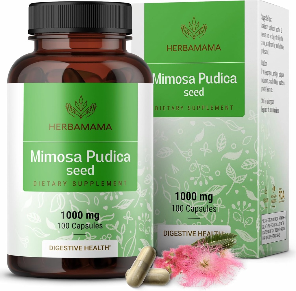 HERBAMA Mimosa Pudica Seed Capsules - 1000mg Mimosa Pudica Extract Powder for Digestive Cleanse & Detox - Vegan, Non-GMO Digestive Support Supplement, 100 Caps