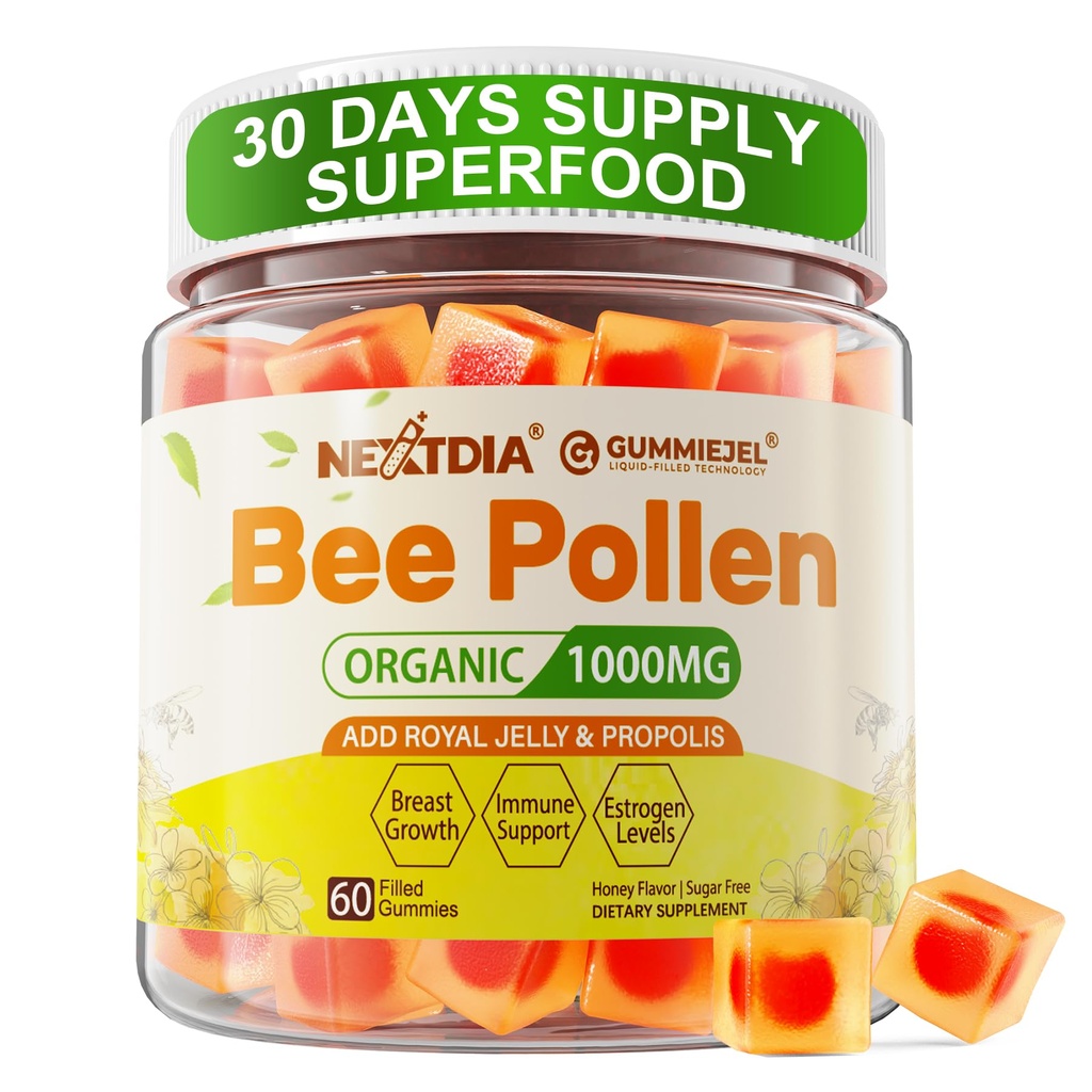 Bienen Pollen Organic 1000mg, w/Propolis, Royal Jelly, Sugar Free Bee Pollen Gummies Rich in B-Vitamin, Antioxidantien, Aminosäuren, Bienen Pollen Ergänzung für Energie, Haut und Immun (1 Packung)