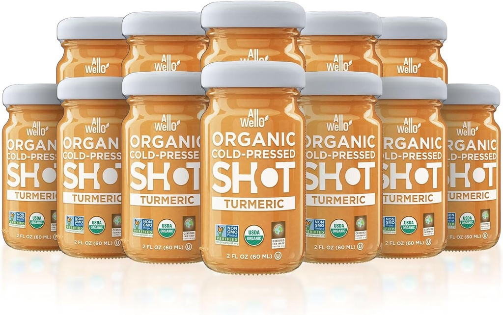 ALLWELLO Kaltgepresster Kurkumaschuh, 60 mL, USDA Organic Immune Booster mit Natu-RAL (12 PK, Kurkuma)