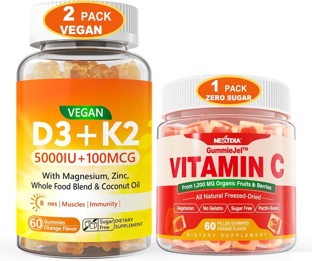 2 Pack Vegan Vitamin D3 5000IU K2 Gummis + 1 Packung ganze Nahrung Vitamin C Gummis